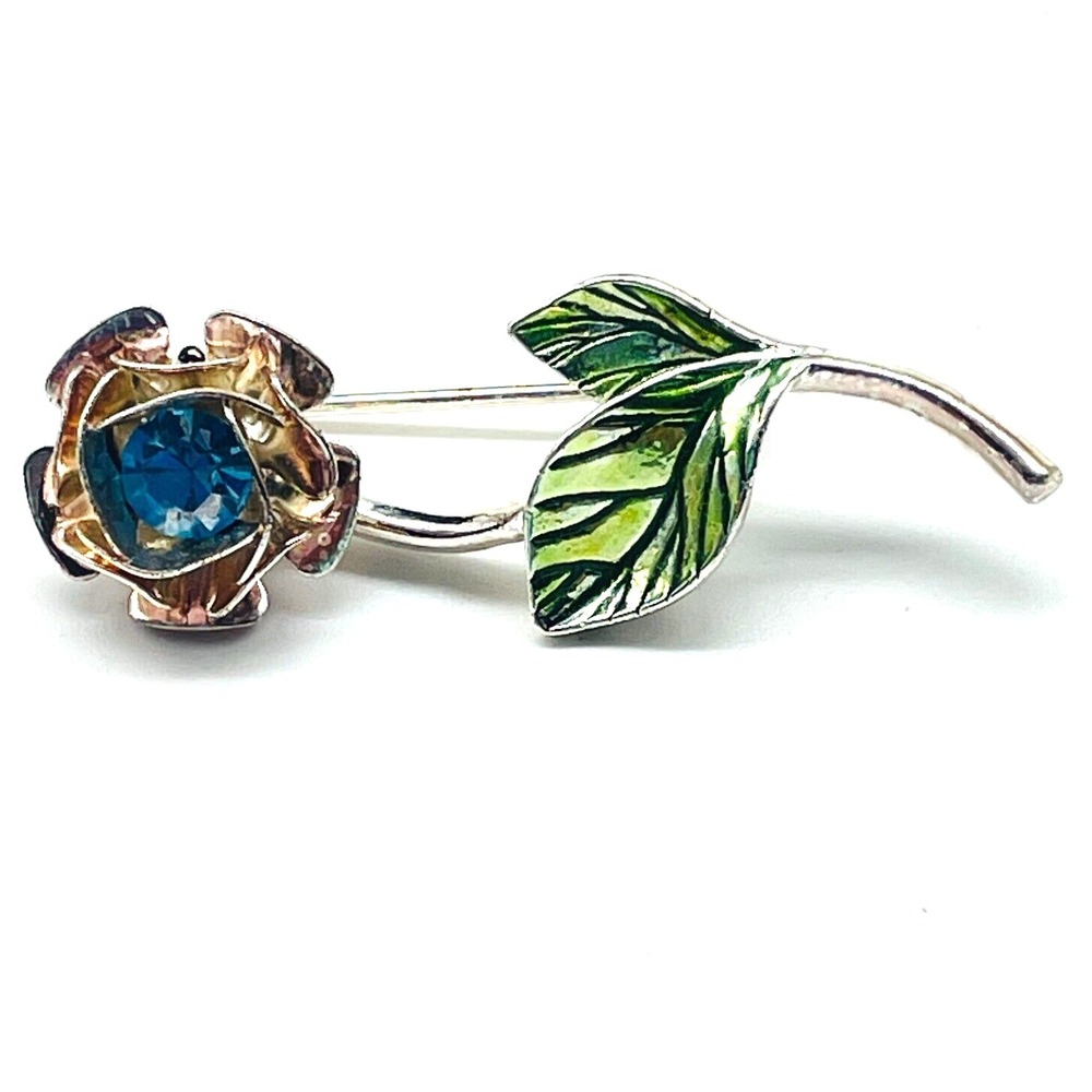 Signed Avon Flower Brooch Pin Blue Rhinestone Silver Tone Enamel Vintage